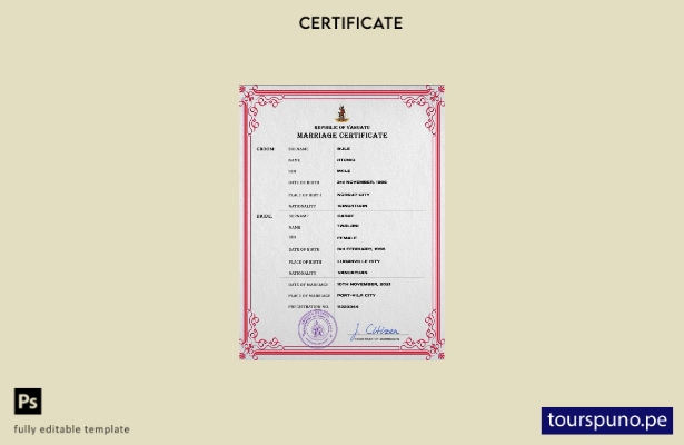 Plantilla PSD de certificado de matrimonio de Vanuatu lista para imprimir